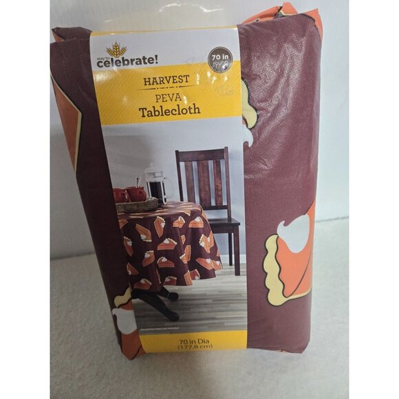 Celebrate Harvest PEVA Tablecloth 70 Inch Diameter Pumpkin Pie Print Round Table - Picture 3 of 6